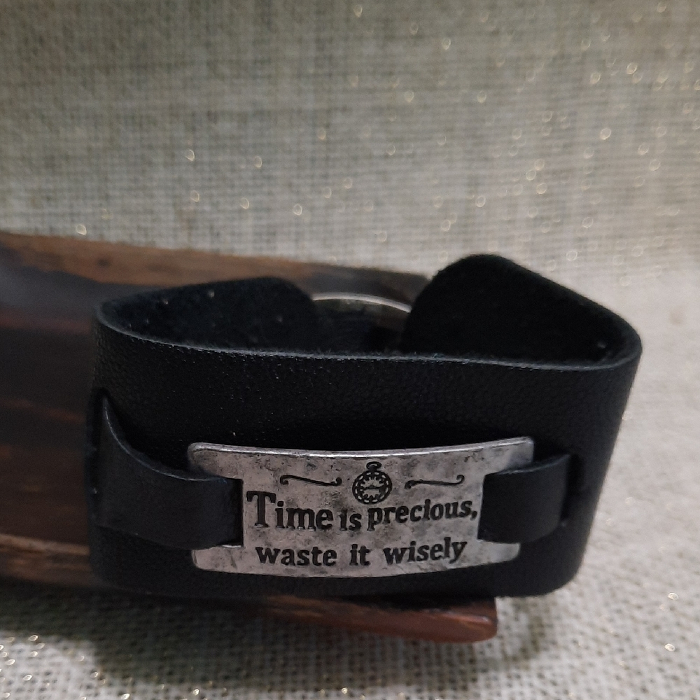 Black Leather Bracelet with Inspirational Quote Metal Plate Antique Silver